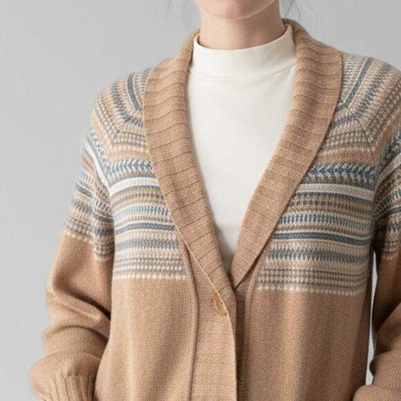 Patagonia Lambswool Scandi Cardigan Sweater L Camel Tan Fair Isle Nordic Boho - Picture 2 of 13